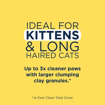 Ideal für Kätzchen und langhaarige Katzen. Bis zu 3x sauberere Pfoten mit grösseren klumpenden Tongranulaten. *Im Vergleich zu Ever Clean Total Cover.