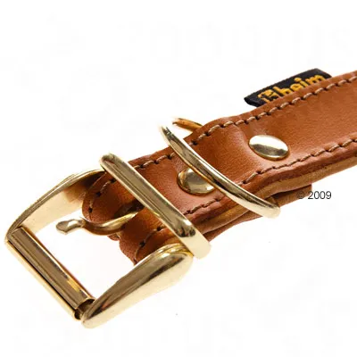 Eheim brown leather collar with gold-coloured metal buckle and rings, visible stitching and rivets, Eheim brand tag attached