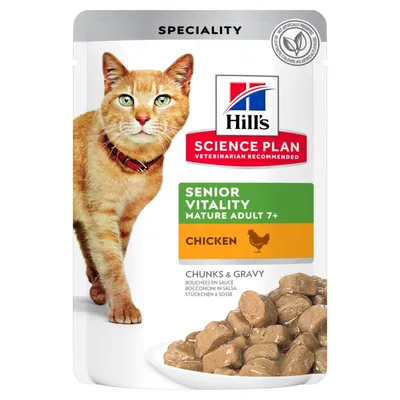 Science Plan Senior Vitality Mature Adult 7+ chicken chunks and gravy, speciality food for mature pets, shown in a pouch with product pieces in a bowl.