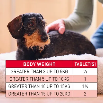 Dosage table: body weight over 3 up to 5kg, half tablet; over 5 up to 10kg, one tablet; over 10 up to 15kg, one and a half tablets; over 15 up to 20kg, two tablets.