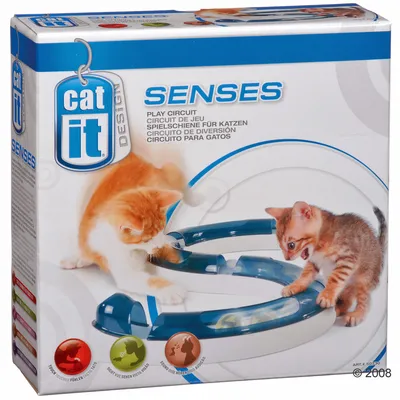 Catit Design Senses leikkirata kissoille. Pakkauksessa kaksi kissaa leikkiradan kanssa. Monikielinen kuvaus: Play Circuit, Circuito de diversion.