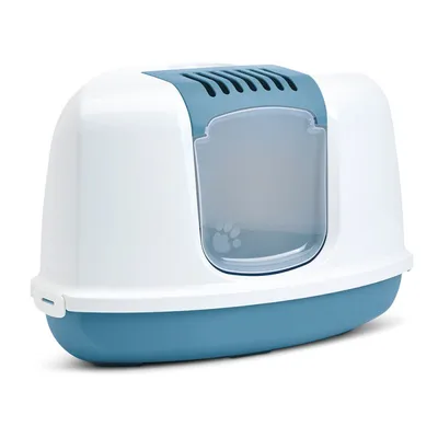 Kattenbak met deksel, blauwe onderbak en witte kap, transparant klapdeurtje met pootafdruk, ventilatierooster bovenop zichtbaar. Materiaal: kunststof.