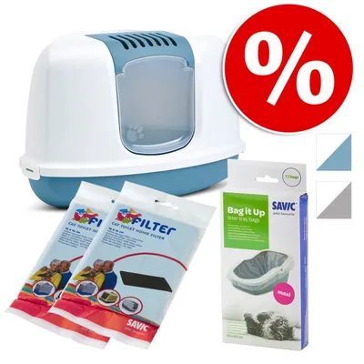Savic kattenbak met klep, 2 verpakkingen Cat Toilet Home Filter en doos Bag it Up kattenbakszakken (12 stuks), kortingssymbool zichtbaar.