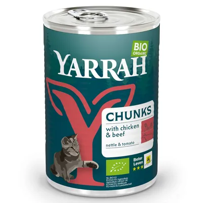 Yarrah Bio Organic Chunks met kip en rund, brandnetel en tomaat. EU-bio-logo, Beter Leven 3 sterren keurmerk. Yarrah Bio Organic Chunks met kip en rund, brandnetel en tomaat. EU-bio-logo, Beter Leven 3 sterren keurmerk.