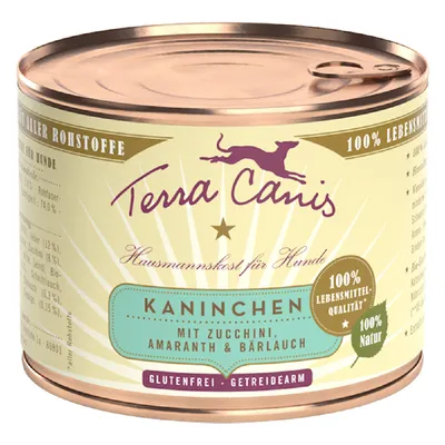 Boîte Terra Canis pour chiens, Kaninchen mit Zucchini, Amaranth & Bärlauch, 100 % Lebensmittel-Qualität, 100 % Natur, glutenfrei, getreidearm. Texte en allemand.