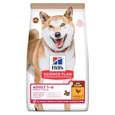 Hill's Science Plan Adult 1-6 Medium 11-25kg, fără cereale, ingredient principal pui. Susține imunitatea, digestia sănătoasă și mușchii supli la câinii adulți. Fără aditivi artificiali.