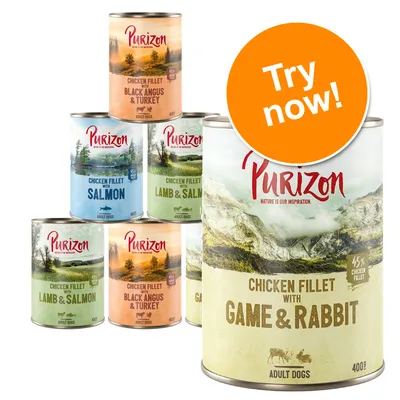Purizon tins for adult dogs: Chicken Fillet with Game & Rabbit, Black Angus & Turkey, Salmon, Lamb & Salmon. Large orange badge reads Try now! 400g size visible on all tins.