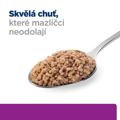 Lžíce s masovou směsí, nahoře text: Skvělá chuť, které mazlíčci neodolají.
