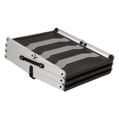 Klappbare Aluminium-Hunderampe mit rutschfester Oberfläche und schwarzem Design, geeignet für den Transport oder Zugang zu erhöhten Flächen.