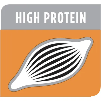 Текст на английски: HIGH PROTEIN, с илюстрация на стилизирано мускулно влакно. Визуален акцент върху високото съдържание на протеин.