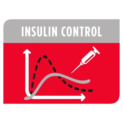 Insulin control feature shown with a syringe and graph indicating blood sugar regulation.