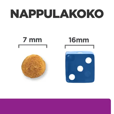Nappulakoko: nappula 7 mm, vertailun vuoksi sininen noppa 16 mm. Teksti: NAPPULAKOKO, 7 mm, 16 mm.