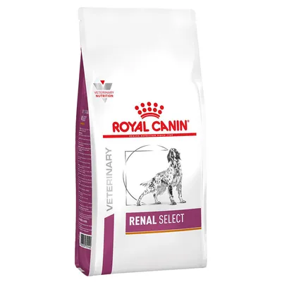 Royal Canin Renal Select tørfoder til hund, tekst: VETERINARY NUTRITION, VETERINARY, RENAL SELECT. Billede af hund på posen.
