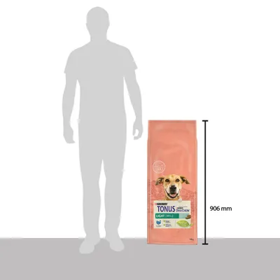 Sacchetto Purina Tonus Dog Chow Light con cane in etichetta, peso 14 kg, altezza confezione 906 mm accanto a sagoma umana per confronto dimensioni.