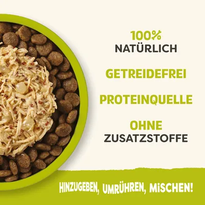 100 % naturel, sans céréales, source de protéines, sans additifs. Ajouter, remuer, mélanger !