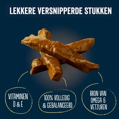 Lekkere versnipperde stukken. Vitaminen D & E, 100% volledig & gebalanceerd, bron van omega 6 vetzuren.