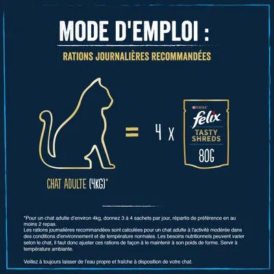 Conseils d’alimentation : chat adulte 4 kg = 4 sachets Felix Tasty Shreds 80 g par jour. Texte explicatif sur ajustement des rations et eau fraîche recommandée visible en bas de l’image.