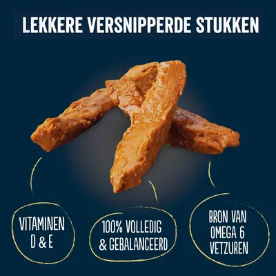 Lekkere versnipperde stukken. Vitaminen D & E, 100% volledig & gebalanceerd, bron van omega 6 vetzuren.