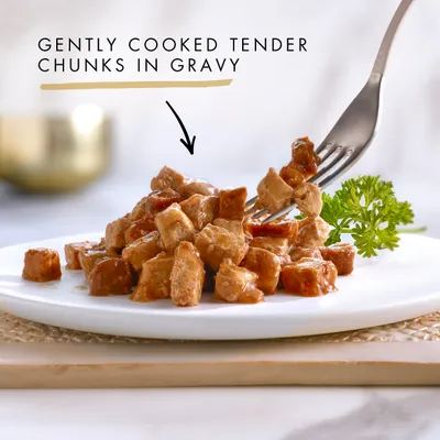 Gently cooked tender chunks in gravy, shown on a white plate with a fork and parsley garnish. Text: GENTLY COOKED TENDER CHUNKS IN GRAVY.