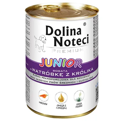 Dolina Noteci Premium Junior, полноценный корм с печенью кролика для молодых собак средних и крупных пород. Состав: морковь, омега-3 и -6, юкка Мохаве.