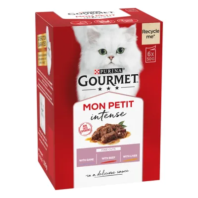Gourmet Mon Petit Intense fine cuts in sauce, flavours include game, beef and liver. Pack contains 6 x 50g portions. Recyclable packaging.