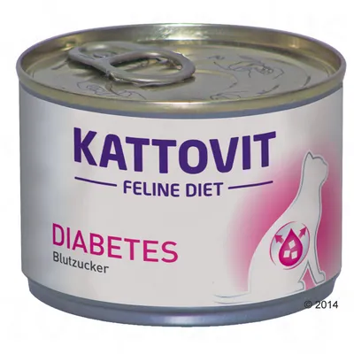 Kattovit Feline Diet DIABETES Blutzucker dåsemad med katteillustration og åbning i metal. Tekst på tysk og engelsk synlig på emballagen.