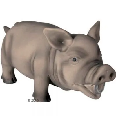 Giocattolo per cani a forma di maiale, materiale plastico, colore grigio, dettagli realistici, anello visibile nella bocca.