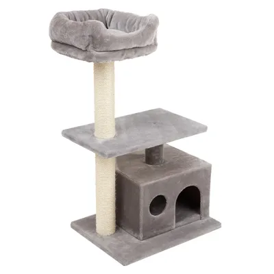 Tiragraffi grigio con cuccia, due livelli e superficie imbottita per sdraiarsi. Tronco avvolto in sisal per la cura delle artigli.