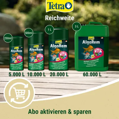 Tetra AlgoRem in 250ml, 500ml, 1L und 3L. Reichweite: 5.000L, 10.000L, 20.000L, 60.000L. Abo aktivieren & sparen. Tetra AlgoRem in 250ml, 500ml, 1L und 3L. Reichweite: 5.000L, 10.000L, 20.000L, 60.000L. Abo aktivieren & sparen.