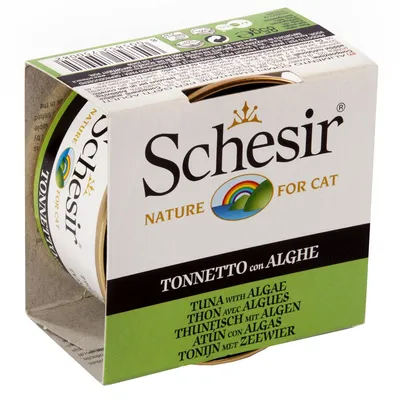 Консерва Schesir Nature for Cat, Tonnetto con Alghe, риба тон с водорасли за котки, 85 г. Видими надписи на английски, италиански и други езици.