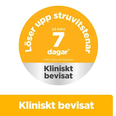Löser upp struvitstenar på bara 7 dagar. Kliniskt bevisat enligt Hill’s data på begäran.