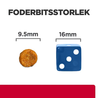 Foderbitsstorlek: foderbit 9,5 mm bred jämförd med en blå tärning på 16 mm. Texten 'FODERBITSSTORLEK' syns överst.