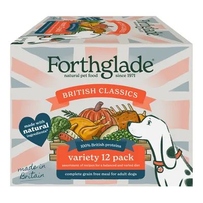 Forthglade British Classics variety 12 pack, made with natural ingredients and 100% British proteins. Complete grain free meal for adult dogs. Assortment of recipes for a balanced diet.