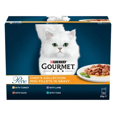 Chef’s Collection Mini Fillets in Gravy with turkey, duck, lamb and tuna. Box contains 12 portions of 85g each.