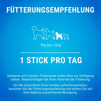Utfodringsrekommendation: Hundar från 7 kg till 12 kg, 1 stick per dag. Ge färskt dricksvatten och övervaka hunden vid utfodring. Motion är viktigt för hälsan.
