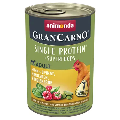 Animonda GranCarno Single Protein Adult с курицей, шпинатом, малиной и тыквенными семечками. 100% свежие ингредиенты, без зерна, без глютена. Made in Germany.
