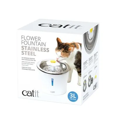 Balení Catit Flower Fountain Stainless Steel, pítko pro kočky s nerezovým víkem, objem 3 l. Na obalu je obrázek kočky pijící z fontány a text '3L 100 fl oz'.