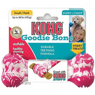 KONG Goodie Bone for small pets up to 10kg, durable teething formula, stuffable for healthy chewing, insert treats, suitable for puppies. Great with KONG Stuff'N.