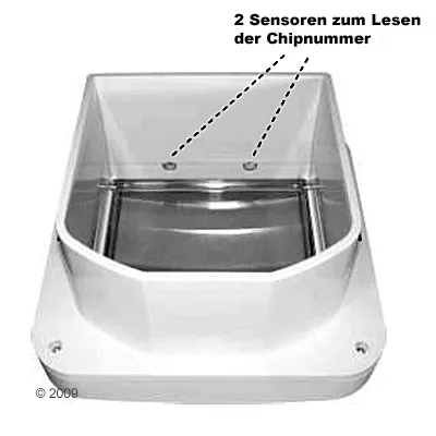 Dva senzory na čítanie čísla čipu, označené textom v nemčine: '2 Sensoren zum Lesen der Chipnummer', zobrazené na bielom zariadení s priehľadným krytom.