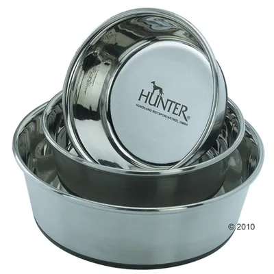 Ciotole in acciaio inox con logo Hunter, impilabili e robuste. Adatte per cibo o acqua.