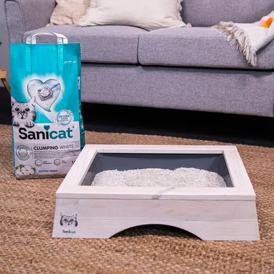 Sanicat Clumping White stelivo pre mačky, vôňa Cotton Fresh, s kontrolou kyslíka. Balenie vedľa drevenej mačacej toalety so stelivom na koberci pred sivou pohovkou.