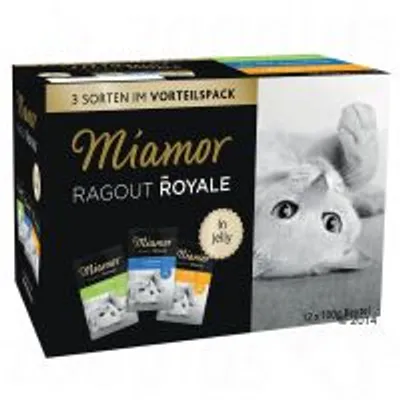 Confezione Miamor Ragout Royale in jelly, 3 varietà nel vantaggio, immagine di un gatto e tre bustine visibili sulla scatola. Testo tedesco: '3 Sorten im Vorteilspack'.