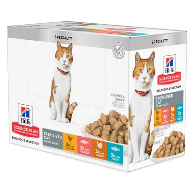 Hill's Science Plan Sterilised Cat Young Adult, Delicious Selection: 3x с пиле, 3x със сьомга, 3x с пуешко, 3x с пъстърва. Опаковка с изображение на котка и парченца в сос.