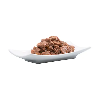 Posnetek od blizu postrežene mokre hrane na belem krožniku, rjavi kosi mesa v omaki.