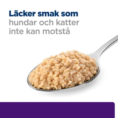 Text: Läcker smak som hundar och katter inte kan motstå. Sked med våtfoder för husdjur visas under texten.