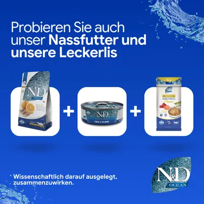 Essayez aussi notre nourriture humide et nos friandises. Élaborés scientifiquement pour agir en synergie. N&D Ocean croquettes, nourriture humide, friandises illustrées. Essayez aussi notre nourriture humide et nos friandises. Élaborés scientifiquement pour agir en synergie. N&D Ocean croquettes, nourriture humide, friandises illustrées.