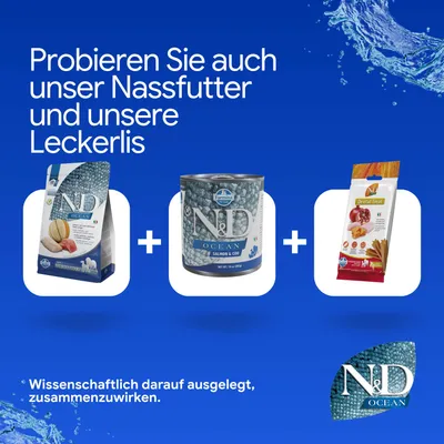 Probieren Sie auch unser Nassfutter und unsere Leckerlis. Wissenschaftlich darauf ausgelegt, zusammenzuwirken. Abgebildet: N&D Ocean Trockenfutter, Nassfutter, Dental Treat. Probieren Sie auch unser Nassfutter und unsere Leckerlis. Wissenschaftlich darauf ausgelegt, zusammenzuwirken. Abgebildet: N&D Ocean Trockenfutter, Nassfutter, Dental Treat.
