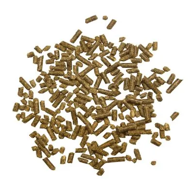 Bruine diervoederbrokjes in cilindervorm, los gestrooid op een witte achtergrond. Geen merknaam of verpakking zichtbaar.