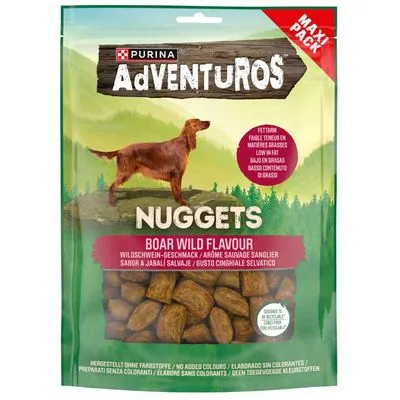 Purina Adventuros Nuggets Boar Wild Flavour, maxi pack. Lage vetgehalte, geen toegevoegde kleurstoffen. Hondensnacks zichtbaar in transparant venster onderaan de verpakking.