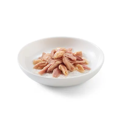 Skål med möra bitar av kycklingfilé i ljus sås, serveringsklar.
